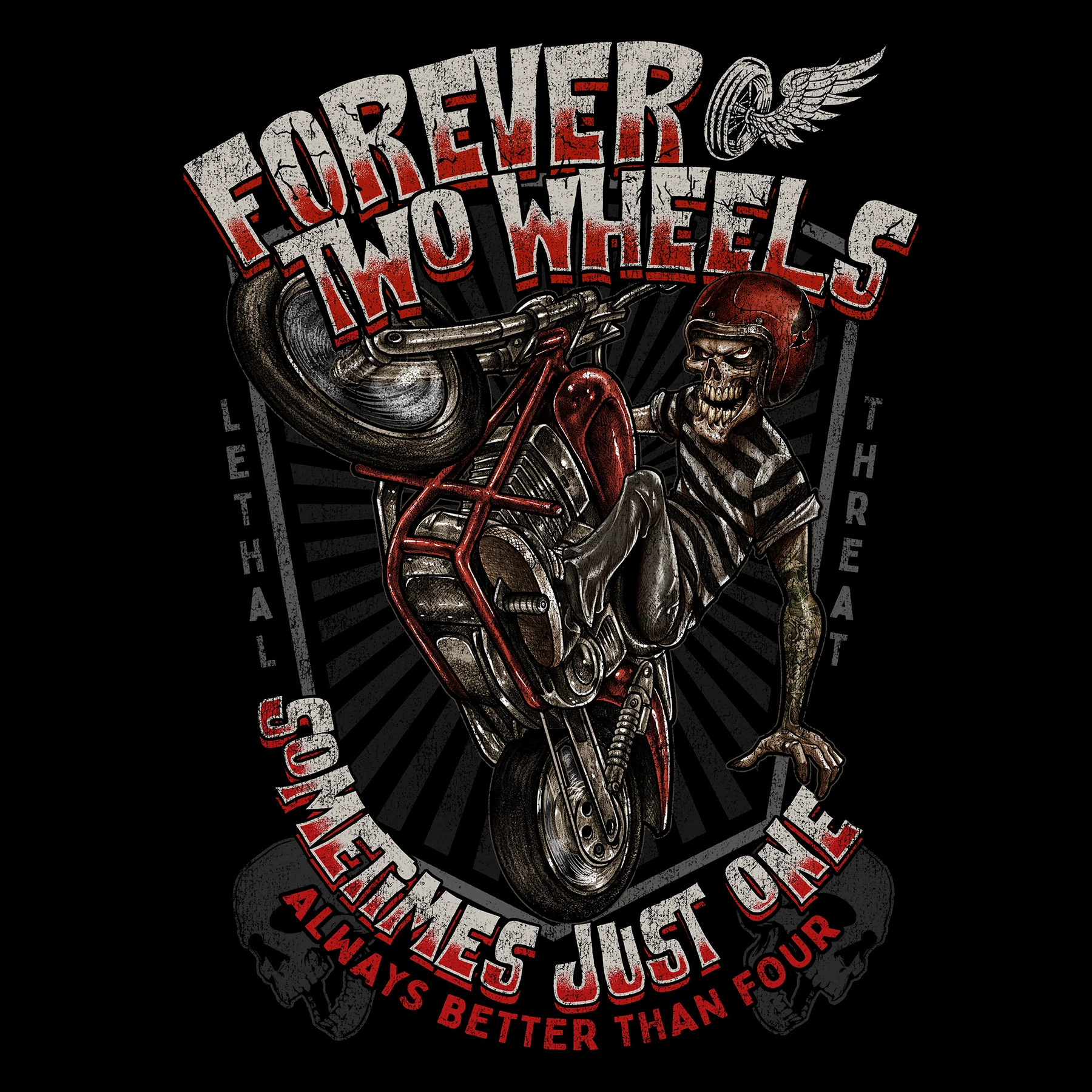 Lethal Threat Forever Two Wheels Harley Stunt Rider Black T-Shirt - Image 3